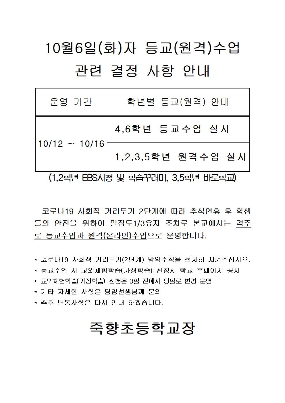 10월6일(화)자 등교(원격)수업 관련 결정사항 안내001