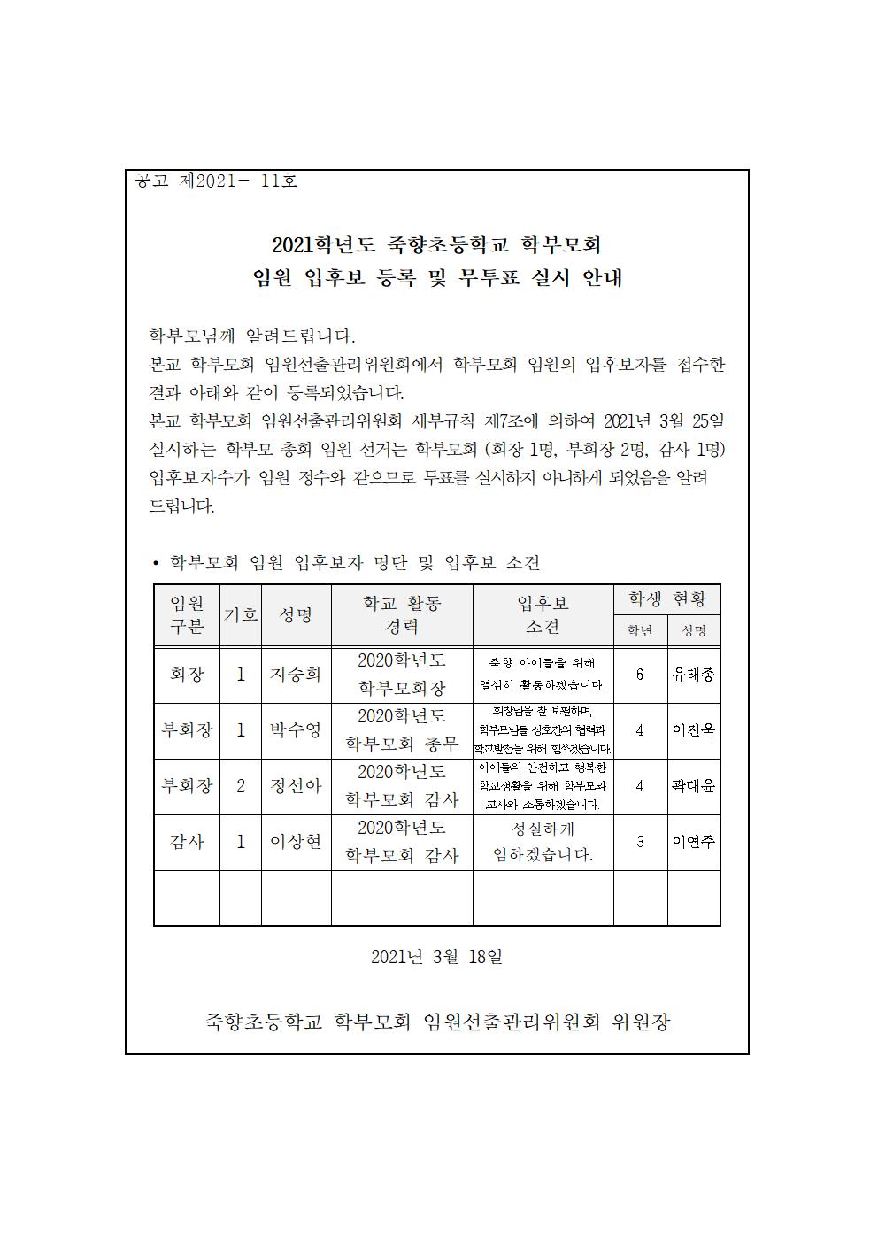 학부모회 임원 입후보 등록 및 무투표 실시 안내001