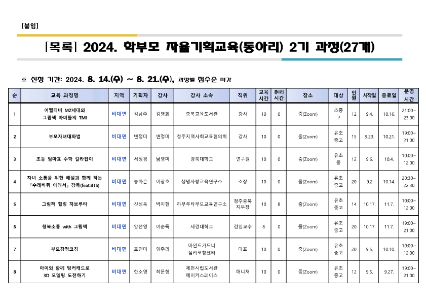 2024. 학부모 자율기획교육(동아리) 2기 과정(28개) 신청 안내_2