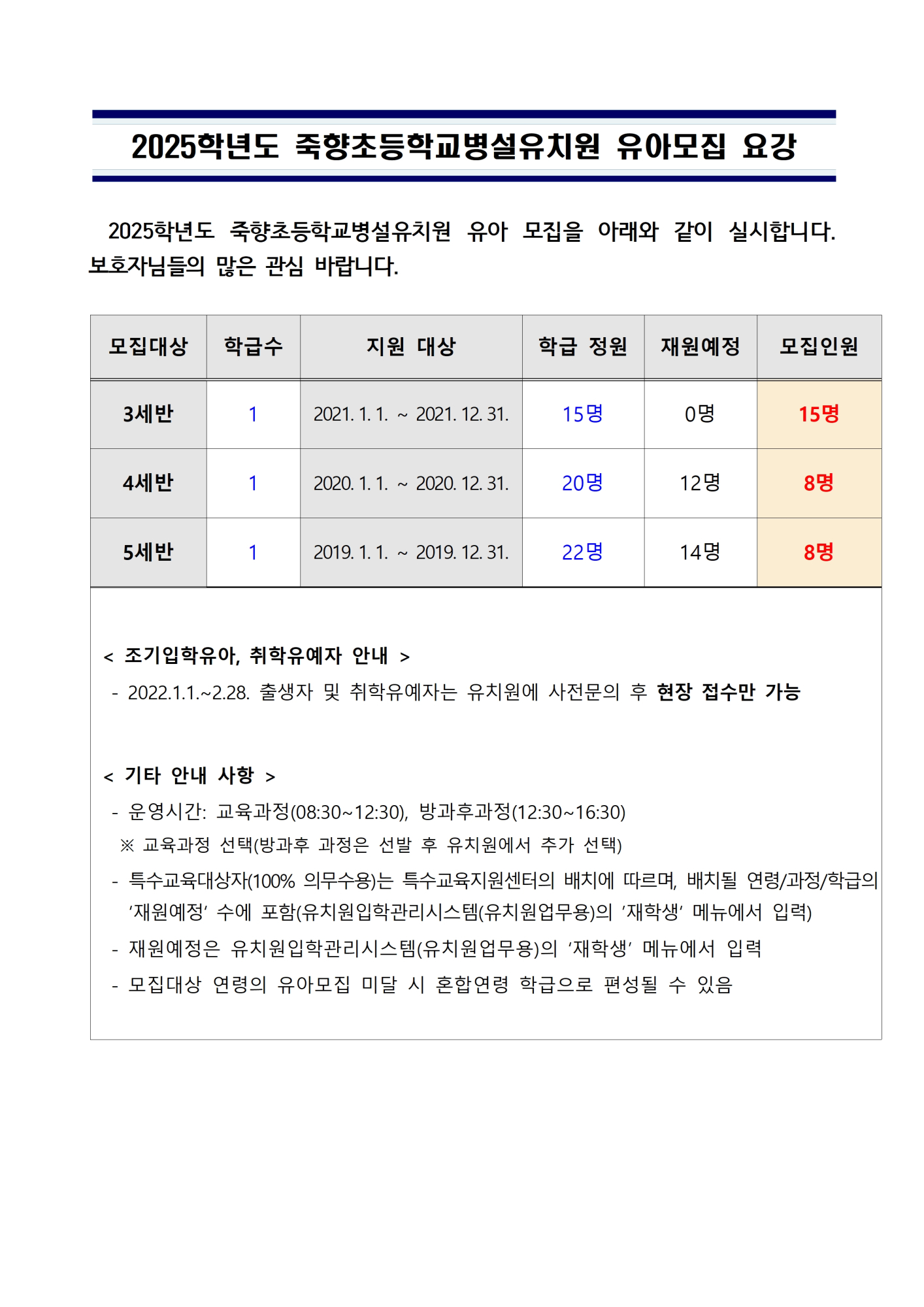 2025학년도 유치원 유아모집 요강001