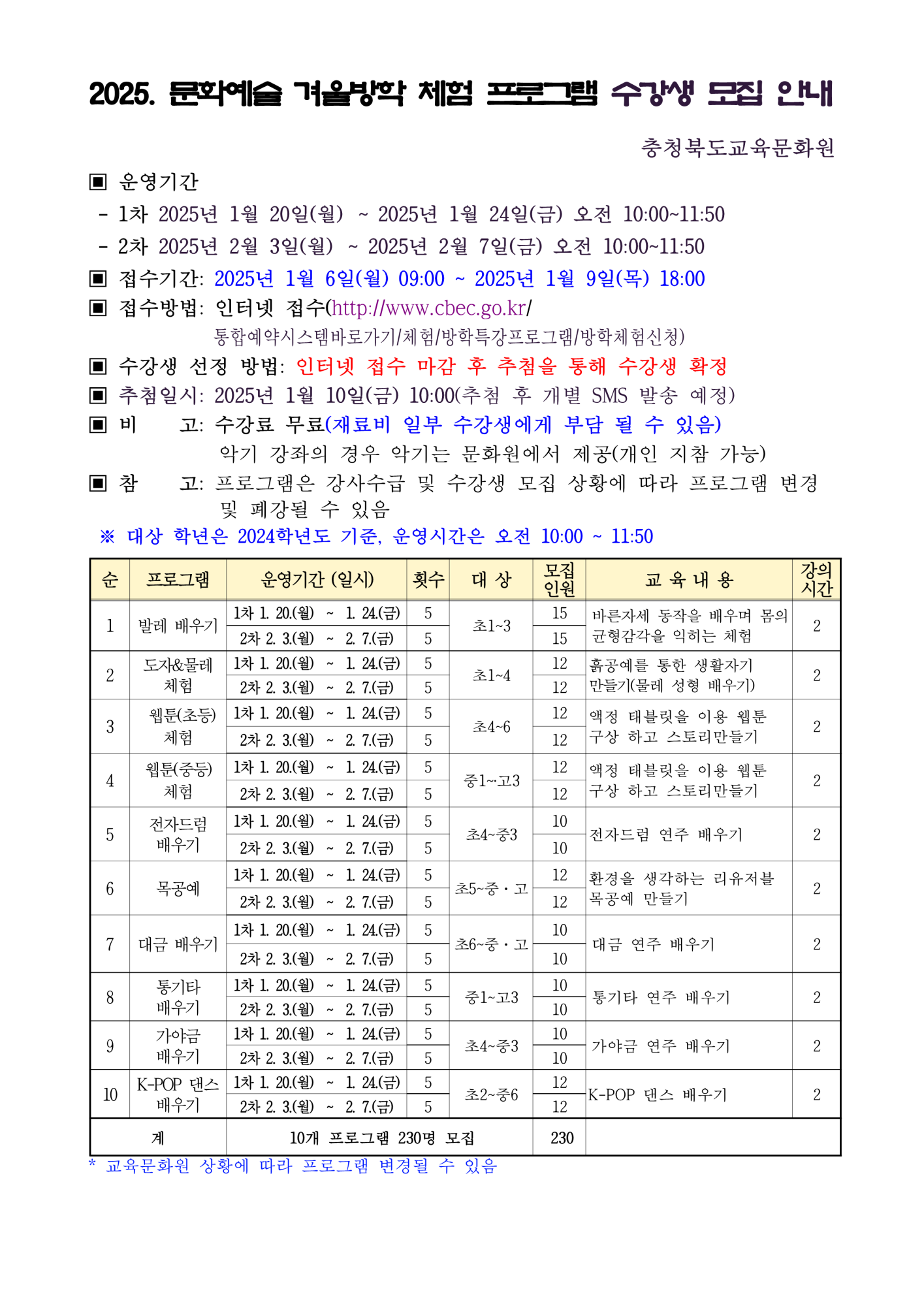 2025년 문화예술 겨울방학 체험 프로그램 모집 안내문_1